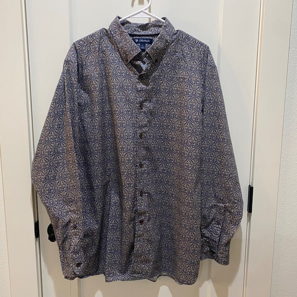 Cremieux Mens XL Blue Tan Damask Floral Print Button Down Shirt 100% Cotton